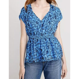 Old Navy Waist-Defined Printed Dolman Sleeve Top Blue Floral Blouse Size XL